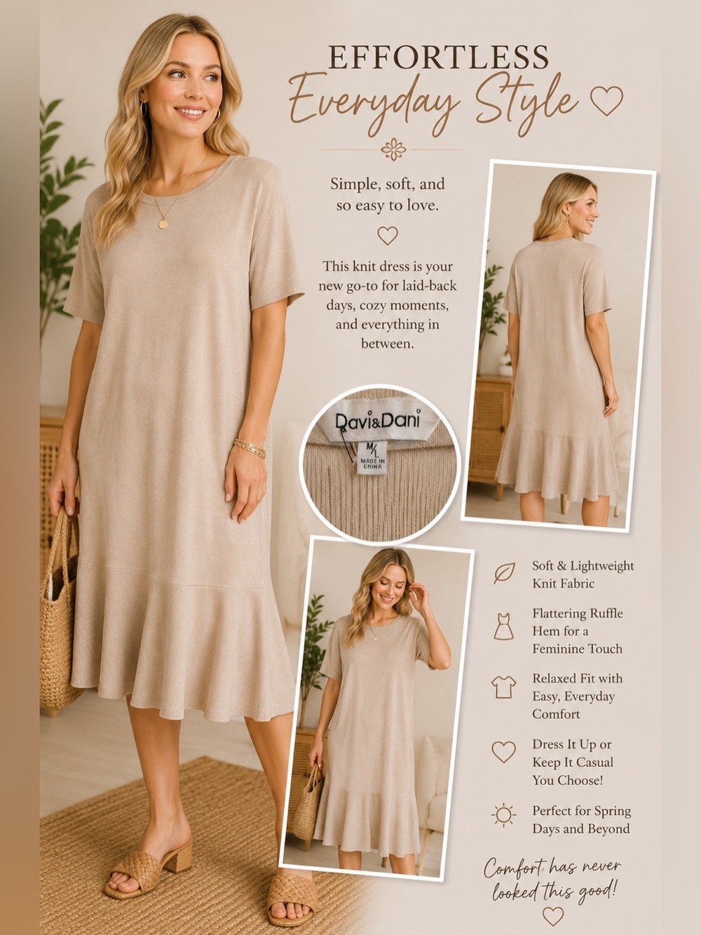 Davi & Dani Beige Knit Ruffle Hem Dress M/L